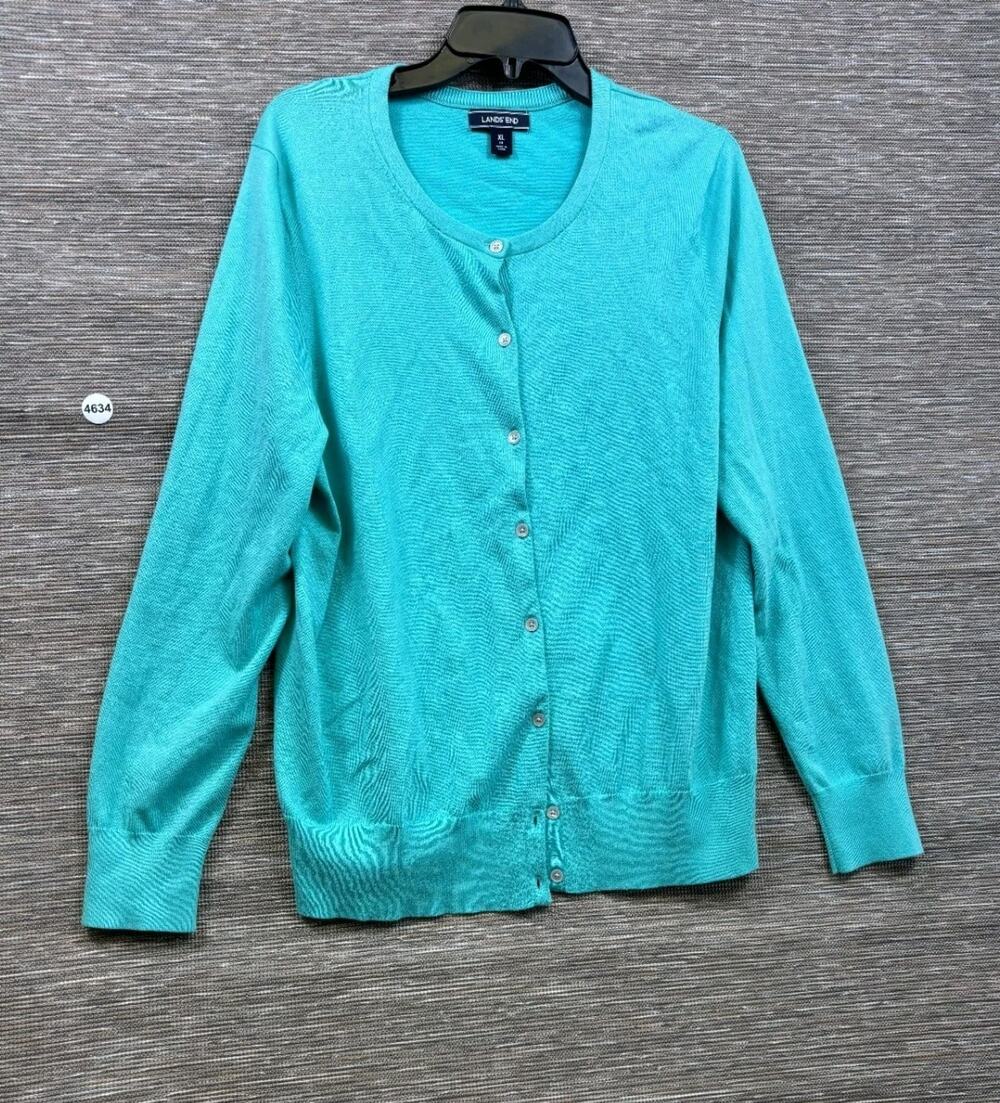 Lands' End Button-Front Crewneck Cardigan Sweater Womens Size XL Teal Long Sleev